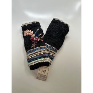 Windhorse Fingerless Gloves Womens One Size Black NWT Wool Embroidered Nepal